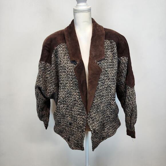 Vintage Winlit Tweed Leather Coat Size L Brown Wool Double Breast 70s Maude - Picture 1 of 16